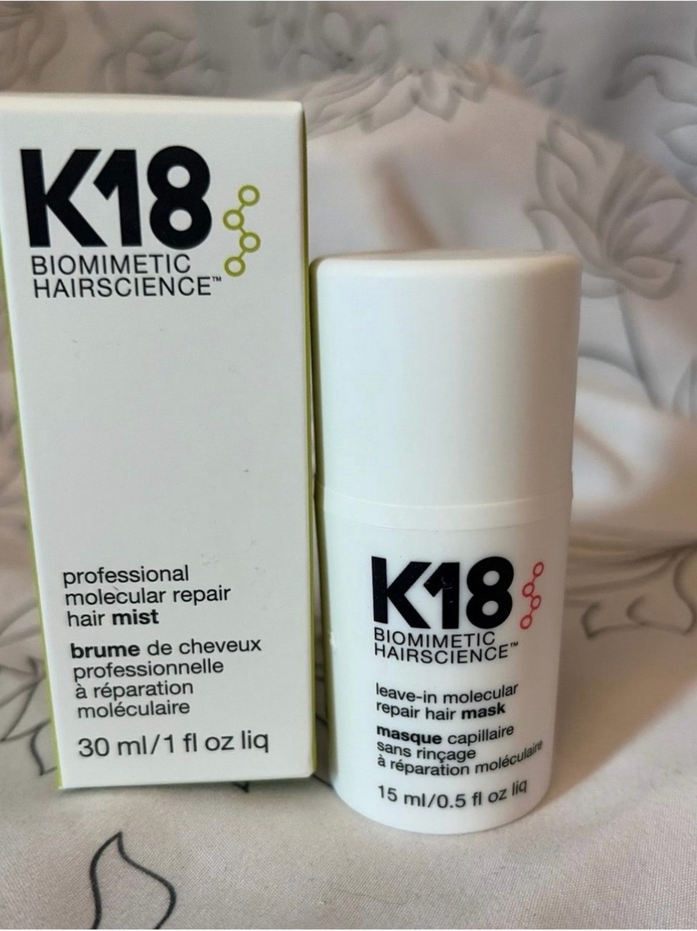 Biomimetic Hairscience Leave-In Molecular Repair Hair Mask — and K18 Hair mist